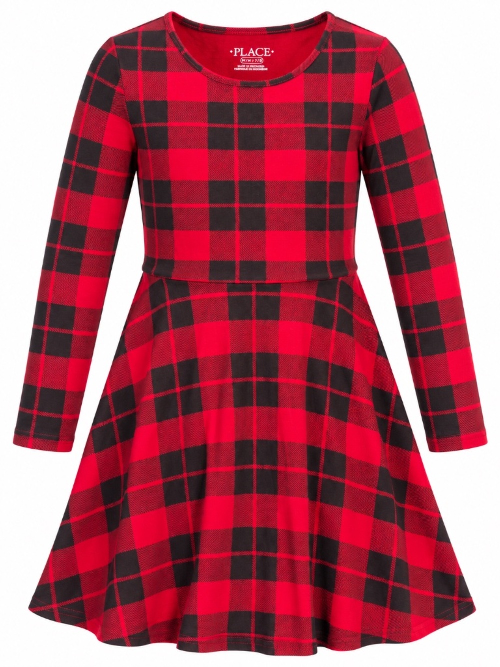 The Children's Place Girls M 7/8 Red Black Plaid Long Sleeve Skater Dress